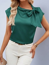 billiga Kostymblusar-Dam Skjorta Satinskjorta Blus Slät Stylish Grundläggande Klassisk Kortärmad Knyt hals Vanliga toppar Dagligen Helgdag Utekväll Gul Ljusgrön Orange Grön Sommar Vår