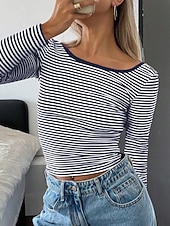 economico T-shirt a righe e geometrico-Per donna Maglietta Stampato A righe Moda Elegante Classico Manica Lunga Girocollo Top Regolari Quotidiano Uscire Weekend Nero Rosa Rosso Blu marino Estate Primavera