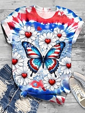  Koszulka patriotyczna dla kobiet z okazji Dnia Niepodległości z nadrukiem graficznym motyl flaga vintage stylowa casualowa krótki rękaw okrągły dekolt standardowe topy codzienna weekendowa niebieska