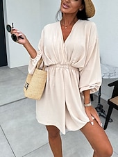 preiswerte Weiße Freizeitkleider-Damen Minikleid Weißes Kleid Mode Modern Outdoor Strand Urlaub Normale Passform Einfach Kurzarm V Ausschnitt Schwarz Orange Khaki Rosenrot Sommer Frühling Herbst