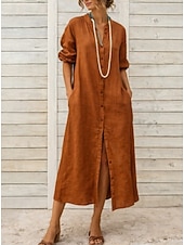 cheap Dresses-Women's 100% Cotton Maxi Dress Kaftan Dress Casual Dress Basic Modern Daily Weekend Loose Fit Plain Half Sleeve V Neck Black Navy Blue Brown Green Summer Spring