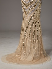 お買い得  シースイブニングドレス-タイト／コラム スイープ／ブラシトレーン フロア丈 ウェディングゲストドレス フォーマルドレス イブニングガウン イブニングドレス エレガント きらびやかな セレブスタイル ノースリーブ Ｖネック パーティー 結婚式 バックレス ととも​​に グリッター素材 スパンコール スリット