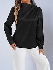 voordelige Chique Blouses-Dames Overhemd Satijnen overhemd Normaal shirt Met ruches Effen Stijlvol Basic Klassiek Lange mouw Hoge nek Normale tops Dagelijks Feestdagen Uitgaan Zwart Wit Wijn Rood Lente Herfst
