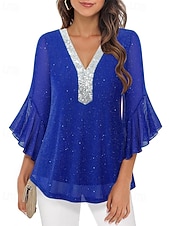 baratos Blusas Elegantes-Mulheres Blusa Tops de lantejoulas Patchwork Bloco de cor à moda Moderno Manga 3/4 Sino Decote V Tops regulares Diário Feriado Para Noite Azul Preto Vermelho Verde Verão Primavera