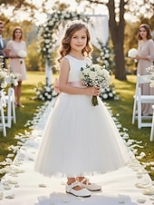 preiswerte Kinder &amp; Blumenmädchen-Elegante weiße Mary-Jane-Schuhe für Mädchen mit floralem Spitzenriemen und Perlenverzierungen, weichem Obermaterial aus PU-Leder und bequemer flacher Sohle, klassischer Prinzessinnenstil, perfekte