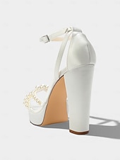 cheap Bride-Women's Ivory Platform Chunky Block Heel Sandals, Pearl-Embellished Ankle Strap Bridal Shoes for Church Weddings