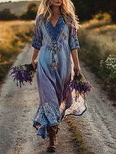 abordables Robe Boho Western-Femmes Robe Longue Maxi Robe Robe bohème Robe Décontractée Robe Ethnique ancien Quotidien Extérieur Vacances Coupe régulière Fleuri manche longue Col en V Violet Été Printemps Automne