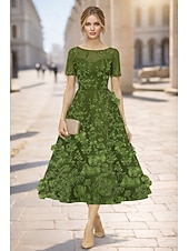 Недорогие Коктейльные платья-А-силуэт До щиколотки Ниже колена коктейльные платья Элегантный стиль С цветами С короткими рукавами Вырез лодочкой Свадьба Официальные Кружева с Вышивка Аппликации