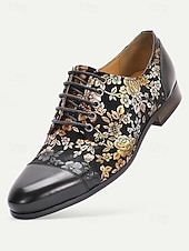 cheap Derby Shoes-Men's Elegant Leather Wedding Shoes - Black with Gold Floral Pattern, Premium Quality Footwear for Weddings and Formal Celebrations