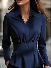 billiga Enkla blusar-Women's Dress Shirt Blouse Solid Color Elegant Stylish Basic Long Sleeve Turndown Regular Tops Daily Outdoor Work Blue Black White Brown Summer Spring Fall Winter