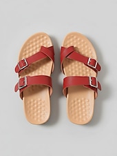 preiswerte Rutschsandalen-Rote Damen-Komfortsandalen mit Doppelschnalle – gepolstertes Fußbett, verstellbare Riemen, stützende flache Schuhe zum Gehen, Reisen, für Outdoor-Aktivitäten und den Alltag