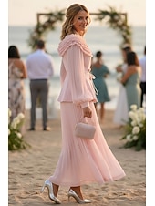 preiswerte Semi-formal / Cocktail-Zweiteilig A-Linie Knöchellänge Kleid für Hochzeitsgäste Kleider für Hochzeitsgäste Elegant Vintage Täglich Langarm Revers Gartenparty Hochzeit mit 3D-Blumen Falten