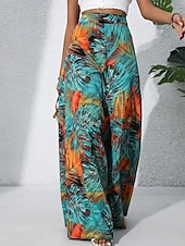 preiswerte weites Bein und hohe Taille-Damen Weite Hosenbeine Chinos Palazzo-Hose Urlaub Streetwear Basic Volle Länge Mittlere Taillenlinie Blumen Tropisch Elastischer Bund Drucken Bequem Unelastisch Täglich Outdoor Straße Blau Marineblau