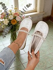 economico Ballerine da donna-ballerine mary jane beige da donna con cinturino in finta perla – scarpe comode e larghe con punta tonda, elegante stile vintage per l'uso quotidiano, matrimoni, feste del tè e viaggi