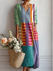 Χαμηλού Κόστους Ριγέ και Γεωμετρικά Φορέματα-Γυναικείο Midi Φόρεμα Λινό Όπως Αναπνεύσιμο Ελαφρύ Καλοκαιρινό Φόρεμα Shift Casual Πάρτι Διακοπές Χαλαρή Εφαρμογή Γεωμετρικό Μακρύ Μανίκι V Λαιμός Κίτρινο Ροζ Ανοιχτό Καφέ Καλοκαίρι Άνοιξη