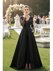cheap Mom's Jumpsuits-Jumpsuits Floor Length Mother of the Bride Dress Long Sleeve Plunging Neck Elegant Formal Wedding Guest Satin with Lace
