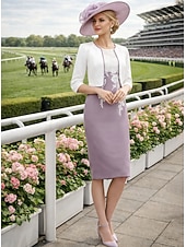 abordables Ensembles de robes pour maman-Deux Pièces Fourreau Colonne Ensembles de Robes Mi-long Robe d'invité de mariage Robe de Mère de Mariée  Manche 3/4 Bijoux Élégant robe demoiselle d honneur Église Chiffon Satin Dentelle Robes avec