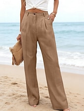 preiswerte Wesentliche Falsche Unterteile-Damen Kunstbaumwollleinen Weites Bein Freizeithose Sommerhose Urlaub Streetwear Basic Volle Länge Mittlere Taillenlinie Einfach Tasche Atmungsaktivität Bequem Unelastisch Täglich Outdoor Urlaub Blau