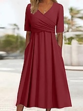 cheap Plain Dress-Women's Midi Dress Casual Dress Wrap Dress Elegant Fashion Modern Outdoor Vacation Going out Regular Fit Plain Short Sleeve V Neck Blue Black Red Brown Summer Spring