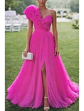 cheap Long Dresses &amp; Gowns-Ball Gown A-Line Floor Length Prom Dresses Elegant Sleeveless One Shoulder Prom Quinceanera Tulle Cowl Back with Embroidered Flower Ruffles Slit