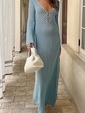 זול שמלות חוף-בגדי ריקוד נשים בגדי ים כיסוי שמלות ים שמלות בגד ים לגזור חופשה בגדי חוף אחיד צווארון V שרוול ארוך בגדי ים