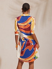 Недорогие Платья для отпуска-платье-рубашка из прямого атласа с геометрическим узором в стиле цветовых блоков для отпуска