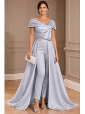 cheap A-Line Evening Dresses-A-Line Floor Length Jumpsuit Evening Gown Ball Gown Ball Gown with Overskirt Formal Dress Elegant Silky Short Sleeve One Shoulder Wedding Formal Stretch Satin Cowl Back with Embroidered Flower Bow(s)