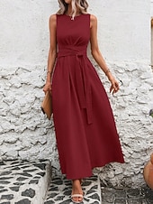 tanie Biała sukienka-Damskie Sukienka maxi Sukienka A line Urlop Codzienny Na zewnątrz Wyjściowe Luźny / a Jednokolorowe Bez rękawów Wycięcie pod szyją Granatowy Czarny Czerwony Zielony Lato Wiosna