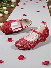 ieftine Copii și fetița cu flori-Pantofi Mary Jane cu sclipici pentru fetițe, cu toc jos, față strălucitoare și curea cu cataramă sigură, pantofi eleganți în stil prințesă pentru fete, pantofi perfecți pentru fetițe de nuntă și