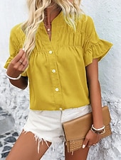 preiswerte Schicke Blusen-Damen Hemd Bluse Patchwork Knöpfe Einfach Vintage Stilvoll Lässig Kurzarm Stehkragen Normale Oberteile Täglich Ferien Ausgehen Denim Blue Schwarz Gelb Wein Marineblau Sommer Frühling
