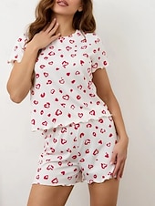 voordelige Slaaptops en -broeken voor dames-Dames Pyjamaset Casual Comfortabel Hart Elastische taille Korte broek Dagelijks Huis Korte mouw Strakke ronde hals Wit Blozend Roze Rood Bruin Zomer Lente Normale pasvorm