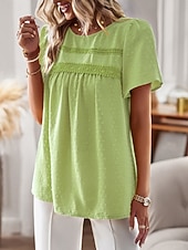cheap Plain Blouses-Women's Summer Shirt Casual Shirt Blouse Lace Trim Solid Color Vacation Stylish Casual Short Sleeve Crew Neck Regular Tops Daily Beach Holiday Blue Black White Pink Red Summer Spring