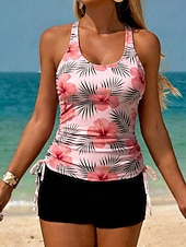 billige Tankinier-Dame Badetøy Tankini 2 stk Høy Midje Badedrakt Midjekontroll Høy Midje Tynn Åpen rygg Ferie Strand Klær Blomstret U-hals Ermeløs Badedrakter