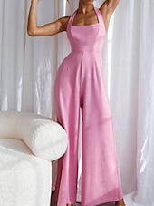 billige Jumpsuits-Dame Normal Kjeledresser Elegant Helfarge Ermeløs Bred Bukseben Grimehals Åpen rygg Daglig Feriereise Løstsittende Hvit Lysegrønn Rosa Sommer