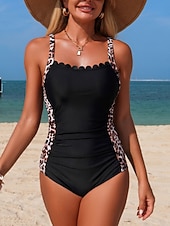 お買い得  ワンピース水着-女性用 スイムウェア ビキニ 2ピース 水着 スリム バックレス 旅行度假风 ビーチウェア レオパード ラウンドネック ノースリーブ 水着