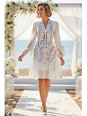 A-Line Knee Length Wedding Guest Dress Wedding Guest Dresses Elegant Daily Long Sleeve V Neck Garden Party Wedding with Floral Print Print Strappy