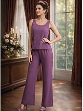 cheap Mom's Pant Suits-Pantsuit Floor Length Mother of the Bride Dress Long Sleeve Jewel Neck Elegant Simple Wedding Guest Formal Evening Wedding Party Chiffon with Solid Color