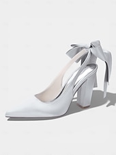 cheap Bride-Women's Ivory Pointed-Toe Bow Slingback Heels, Elegant Satin Bridal Shoes for Church Wedding Bride