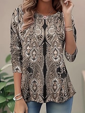 preiswerte Boho-T-Shirt-Damen T Shirt Druck Grafik Paisley-Muster Elegant Mode Lässig Langarm Rundhalsausschnitt Rundhals Lange Oberteile Täglich Wochenende Braun Sommer Frühling Herbst