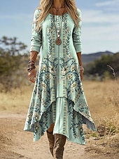 baratos Vestido Boho-Vestido Midi Feminino Boho Vestido Shift Casual Diário Férias Ajuste Solto Gráfico Geométrico Paisley Manga Longa Decote Redondo Amarelo Claro Verde Claro Fúcsia Marrom Verão Primavera Outono