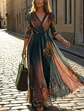 Χαμηλού Κόστους Κομψά φλοράλ φορέματα-γυναικείο μακρύ φόρεμα μάξι φόρεμα casual φόρεμα swing φόρεμα φλοράλ καλοκαιρινό φόρεμα boho φόρεμα vintage διακοπές καθημερινό εορταστικό κανονική εφαρμογή φλοράλ μακρυμάνικο ντεκολτέ V μπλε καλοκαίρι