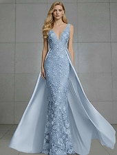 baratos Vestidos de baile-Sereia Longo Vestidos de noite Vestido de baile com sobressaia Vestido formal Elegante Sem Manga Decote V Casamento Formal Cetim Renda Sem parte Traseira com Bordado Apliques