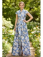 preiswerte Bodenlänge-A-Linie Bodenlang Hemdblusenkleid Kleid für Hochzeitsgäste Abendkleid Brautmutterkleid Kappenärmel Hoher Ausschnitt Elegant Minimalistisch Formell Hochzeitsgast Satin mit Geteilter Vorderteil Druck