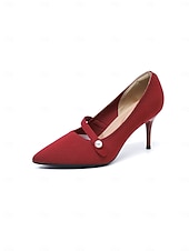 abordables Pompes Classiques-Women's Burgundy Pointed Toe Knit Pumps with Pearl Strap Accent – Comfortable High Stiletto Heels for Daily Commuting, Office Wear &amp; Elegant Professional Ladies