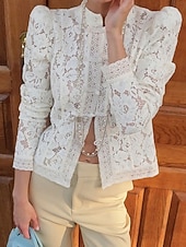 economico Top in Pizzo-Per donna Camicia Camicia di Pizzo Blusa Pizzo Patchwork Bottoni Semplice Elegante Vintage Quotidiano Manica Lunga Manica a Palloncino Collo Alto Top Regolari Quotidiano Lavoro Ferie Nero Bianco