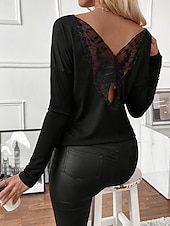 economico T-shirt semplice-Per donna Top a maglia a coste Patchwork Ricamato Rete Farfalla Elegante Manica Lunga Scollo a Barca Top Regolari Uscire Weekend Nero Estate Primavera Autunno