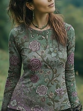 preiswerte Boho-T-Shirt-Damen Boho-Hemd T Shirt Druck Blumen Grafik Bohemien Vintage Lässig Langarm Rundhalsausschnitt Normale Oberteile Täglich Wochenende Urlaubskleidung Grün Sommer Frühling Herbst