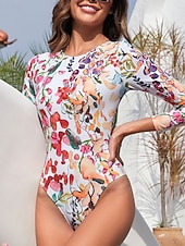 tanie Stroje kąpielowe jednoczęściowe-Damskie Stroje kąpielowe Jeden kawałek Monokini Kostium kąpielowy Wyszczuplenie brzucha Wysoka talia Szczupła Odkryte plecy Urlop Stroje plażowe Kwiaty Okrągły dekolt Długi rękaw Kostiumy kąpielowe