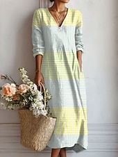 ieftine Rochii florale-Rochie Maxi pentru Femei din In Ușor și Respirabil Rochie Sundress Casual pentru Petreceri Vacanțe Croi Regular Floral Grafic Mâneci Lungi Gât în V Albastru Galben Roșu Portocalie Vară Primăvară