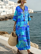Χαμηλού Κόστους Τέχνη και Σχεδίαση Φορέματα-Γυναικείο Maxi Φόρεμα Λινό Σαφντ Dress Καθημερινό Χαλαρή Τακτοποίηση Γραφικό Αφηρημένο Μακρύ Μανίκι V Neck Μπλε Βασιλικό Μπλε Μωβ Πορτοκαλί Καλοκαίρι Άνοιξη